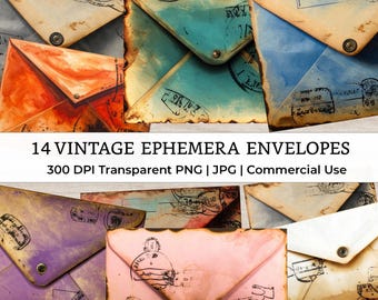 14 Vintage Envelopes PNG Clipart Set 2, Valentine Scrapbook, Old Journaling vintage newspaper Collage–Style Printable Craft Supplies