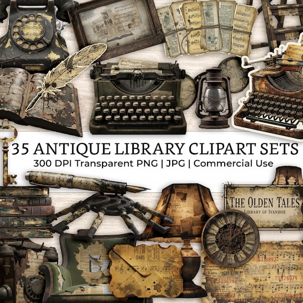 Mixed Media Junk Journal Fussy Cut Vintage Old Library Clipart – Distressed Watercolor Vintage Ephemera Printable Scrapbook Supplies