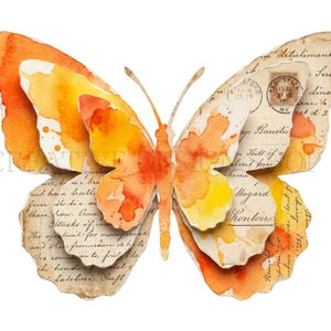 Puede incluir: Una mariposa recortada en capas con salpicaduras de acuarela en tonos naranja y amarillo. Las alas incorporan papel de estilo vintage con escritura cursiva y un sello postal circular. El dise&ntilde;o tiene una apariencia dimensional.