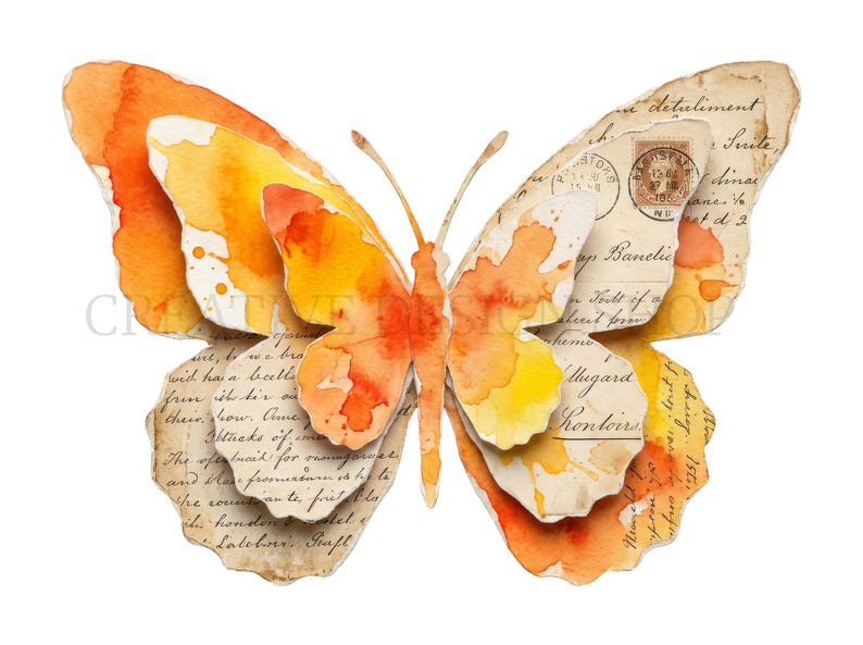Puede incluir: Una mariposa recortada en capas con salpicaduras de acuarela en tonos naranja y amarillo. Las alas incorporan papel de estilo vintage con escritura cursiva y un sello postal circular. El dise&ntilde;o tiene una apariencia dimensional.
