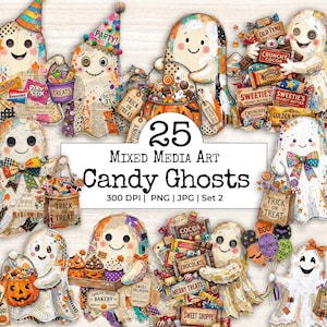 May include: A collection of 25 mixed media art illustrations featuring cartoon ghosts with button eyes, holding various Halloween candy, pumpkins, and trick-or-treat bags, with text reading 25 Mixed Media Art Candy Ghosts 300 DPI PNG JPG Set 2.