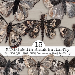 May include: An overhead shot showcases 15 mixed media black butterfly designs. The butterflies feature intricate details with black, white, and gray tones. The image includes the text "15 Mixed Media Black Butterfly" and other details.