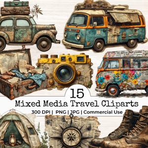 Puede incluir: Una colección de 15 cliparts de viaje en técnicas mixtas. La imagen presenta un coche antiguo, una furgoneta camper, una cámara, una maleta, una tienda de campaña, una brújula y botas. Se muestra el texto "Mixed Media Travel Cliparts".