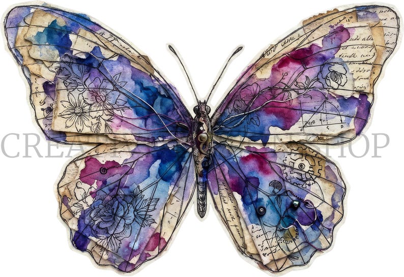 Puede incluir: Una ilustraci&oacute;n de mariposa con texturas de papel superpuestas, lavados de acuarela en tonos azules y morados, dibujos a tinta negra de flores, engranajes y escritura a mano, con peque&ntilde;as cuentas oscuras en el ala inferior derecha.