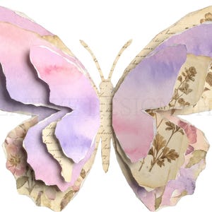 Puede incluir: Una mariposa recortada en capas con alas en tonos acuarela rosa y morado sobre una base de papel de estilo vintage con ilustraciones bot&aacute;nicas y texto en cursiva. El dise&ntilde;o presenta una apariencia dimensional con bordes de papel rasgado.