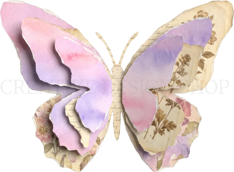 Puede incluir: Una mariposa recortada en capas con alas en tonos acuarela rosa y morado sobre una base de papel de estilo vintage con ilustraciones bot&aacute;nicas y texto en cursiva. El dise&ntilde;o presenta una apariencia dimensional con bordes de papel rasgado.