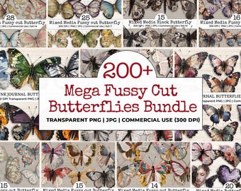 200+ Mixed Media Butterfly Fussy Cut  Clipart Bundle | Vintage Distressed Watercolor Butterflies PNG | Junk Journal Scrapbook Ephemera