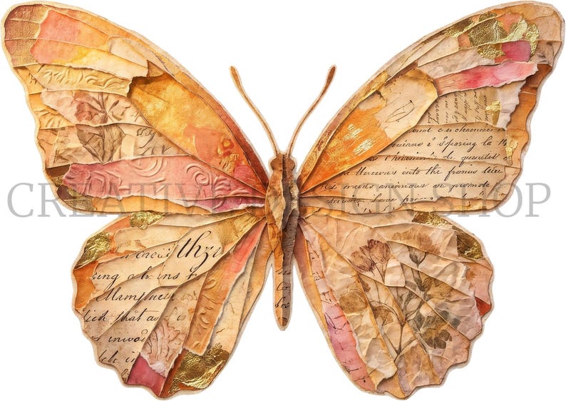 Puede incluir: Una pieza de arte mural con forma de mariposa hecha de collage de papel en capas en tonos naranja, rosa y dorado. Las alas presentan texto manuscrito antiguo, ilustraciones florales y elementos de papel texturizado con un cuerpo central marr&oacute;n.