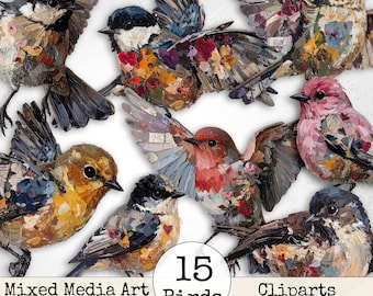 Mixed Media Junk Journal Fussy Cut Birds Clipart – Distressed Watercolor Vintage Collage Printable Scrapbook Supplies | Set 5