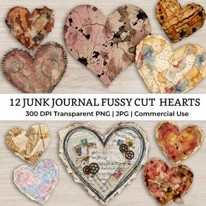 Mixed Media Junk Journal, wycinane serduszka, grafika 3D – Zniszczone akwarele, vintage kolaż, efemeryda, materiały do scrapbookingu