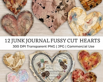Mixed Media Junk Journal Fussy Cut Hearts Clipart – Distressed Watercolor Vintage Collage Ephemera Printable Scrapbook Supplies
