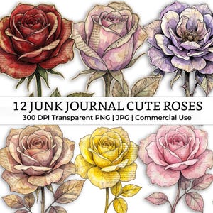 Mixed Media Junk Journal Fussy Cut Roses Flowers Clipart – Distressed Watercolor Vintage Collage Floral Printable Scrapbook Supplies