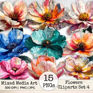 May include: A collection of 15 mixed media art flower illustrations featuring layered petals with visible newspaper print textures. The flowers display vibrant colors including blue, teal, pink, orange, and yellow with dark centers.