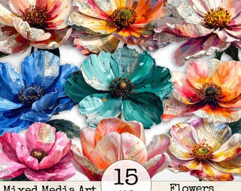 May include: A collection of 15 mixed media art flower illustrations featuring layered petals with visible newspaper print textures. The flowers display vibrant colors including blue, teal, pink, orange, and yellow with dark centers.