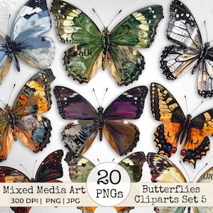 Puede incluir: Una colección de veinte imágenes prediseñadas de mariposas de técnica mixta. Las mariposas presentan una variedad de colores, incluyendo azul, verde, naranja y morado. Se incluye el texto "Mixed Media Art", "20 PNGs" y "Butterflies Cliparts Set 5".