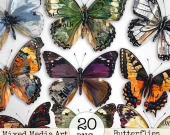 Clipart de mariposas recortadas con técnica mixta para diario basura: collage vintage de acuarela desgastada, efímera, suministros imprimibles para álbumes de recortes / Set 5