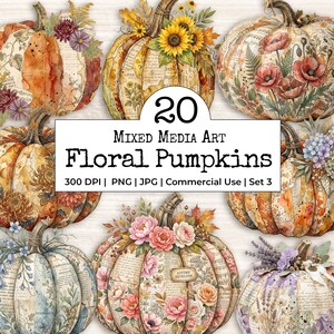May include: A collection of 20 mixed media art floral pumpkins featuring various watercolor and collage designs with flowers like sunflowers, poppies, and roses. The central text reads 20 Mixed Media Art Floral Pumpkins 300 DPI PNG JPG Commercial Use Set 3.