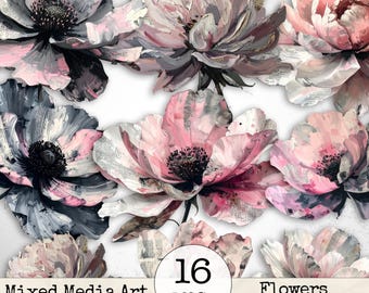 Mixed Media Junk Journal Fussy Cut Flowers Clipart – Distressed Watercolor Vintage Collage Floral Printable Scrapbook Supplies | Set 6