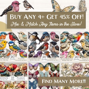 May include: A digital collection of mixed media art featuring various birds and butterflies with textured patterns, alongside floral illustrations. The image includes text overlays stating BUY ANY 4+ GET 45% OFF! Mix & Match Any Items in the Store!