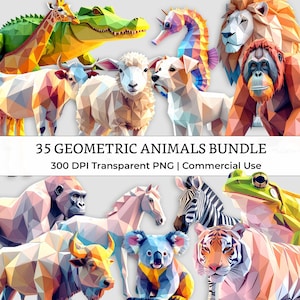 May include: A bundle of 35 geometric animal illustrations, featuring a giraffe, crocodile, seahorse, lion, and orangutan. The animals are depicted in a low-poly style with diverse colours. The image also includes the text "35 Geometric Animals Bundle".
