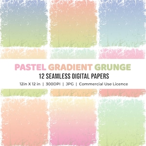 May include: A digital art print featuring 12 seamless pastel gradient grunge papers. Each paper has a distressed, textured look with soft color gradients. The papers are 12in x 12in and suitable for commercial use.