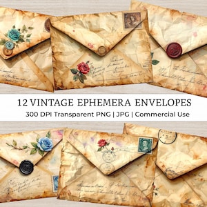 Puede incluir: Una colección de sobres de efemérides vintage con texturas de papel envejecido. Cada sobre presenta detalles florales, sellos y sellos de cera en varios colores. Se muestra el texto "12 VINTAGE EPHEMERA ENVELOPES".