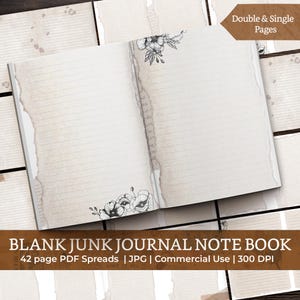 Peut inclure: Un cahier ouvert avec des pages lignées et des motifs floraux dans les coins. Les pages ont un aspect vieilli et vintage avec des bords déchirés. Le texte "BLANK JUNK JOURNAL NOTE BOOK" est affiché en bas, avec des détails sur les spreads PDF et l'utilisation commerciale.