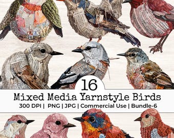Mixed Media Junk Journal Fussy Cut Birds Clipart – Distressed Watercolor Vintage Collage Floral Printable Scrapbook Supplies | Set 6