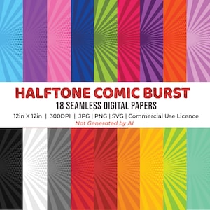 May include: A collection of 18 digital papers with a halftone comic burst design. Each paper features a different color, including blue, purple, pink, green, red, and orange. The papers are 12x12 inches and suitable for commercial use.