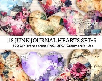 Mixed Media Junk Journal Fussy Cut Hearts Clipart – Distressed Watercolor Vintage Collage Ephemera Printable Scrapbook Supplies | Set 5