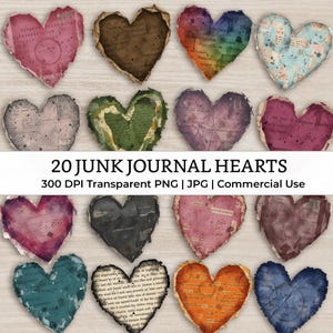 Mixed Media Junk Journal Fussy Cut Hearts Clipart – Distressed Watercolor Vintage Collage Ephemera Printable Scrapbook Supplies