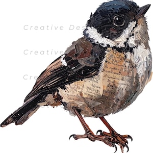 May include: A mixed media artwork of a small bird featuring a black head, white neck feathers, and brown wings. The bird's chest is composed of layered paper fragments with printed text, and it stands on thin, dark brown legs against a white background.