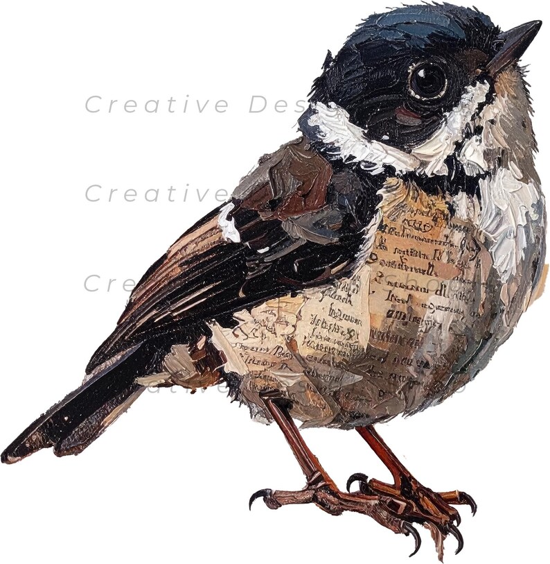 May include: A mixed media artwork of a small bird featuring a black head, white neck feathers, and brown wings. The bird's chest is composed of layered paper fragments with printed text, and it stands on thin, dark brown legs against a white background.