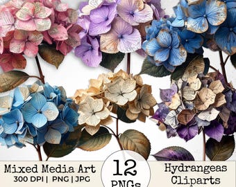 Mixed Media Junk Journal Fussy Cut Hydrangea Flowers Clipart – Distressed Watercolor Vintage Collage Floral Printable Scrapbook Supplies