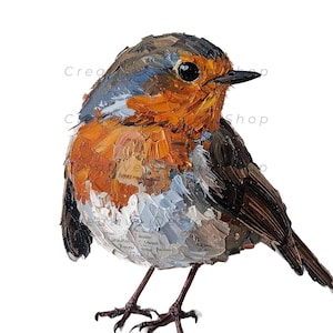 May include: An oil painting of a European robin with thick, textured brushstrokes. The bird features a bright orange chest, a slate-blue head, and brown wings. The underbelly is white with subtle gray tones, and the bird has a small black beak.