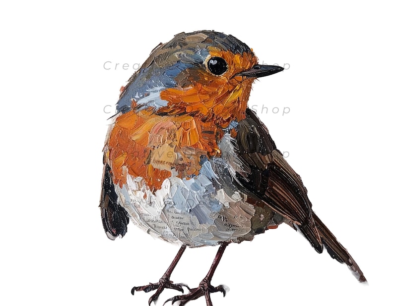 May include: An oil painting of a European robin with thick, textured brushstrokes. The bird features a bright orange chest, a slate-blue head, and brown wings. The underbelly is white with subtle gray tones, and the bird has a small black beak.
