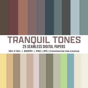 Könnte beinhalten: Digitales Papierpaket "Tranquil Tones" mit 25 nahtlosen Designs. Die Farbpalette umfasst gedämpfte Töne, darunter Braun-, Grau-, Grün- und Blautöne. Jedes Papier misst 30.48 cm x 30.48 cm und ist für den kommerziellen Gebrauch bestimmt.