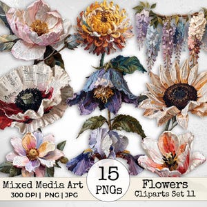May include: A collection of 15 mixed media flower illustrations featuring petals crafted from vintage book pages. The set includes a yellow chrysanthemum, a red poppy, a sunflower, purple irises, and hanging wisteria. Text reads: 15 PNGs Mixed Media Art Flowers Cliparts Set 11 300 DPI | PNG | JPG.