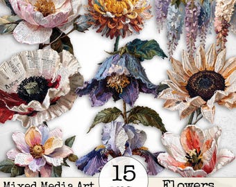Mixed Media Junk Journal Fussy Cut Flowers Clipart – Distressed Yarn Watercolor Vintage Collage Floral Printable Scrapbook Supplies | Set 11