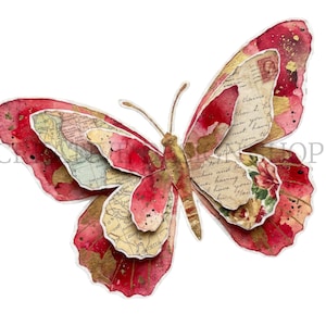 Puede incluir: Una mariposa de papel en capas con una mezcla de lavados de acuarela rojo oscuro, fragmentos de mapas antiguos, escritura a mano y detalles en pan de oro. El dise&ntilde;o incluye varias secciones de alas superpuestas con bordes festoneados.