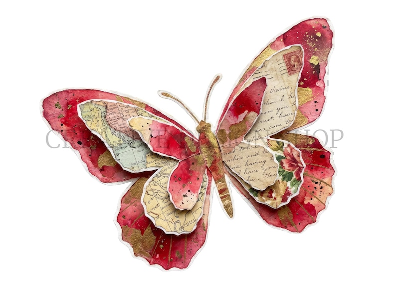 Puede incluir: Una mariposa de papel en capas con una mezcla de lavados de acuarela rojo oscuro, fragmentos de mapas antiguos, escritura a mano y detalles en pan de oro. El dise&ntilde;o incluye varias secciones de alas superpuestas con bordes festoneados.