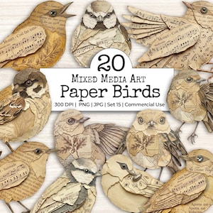 May include: A collection of 20 mixed media paper birds featuring vintage-style collage elements, including antique sheet music, handwritten script, and botanical illustrations. The birds are rendered in shades of beige, brown, and cream.
