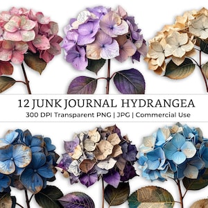 Mixed Media Junk Journal Fussy Cut Hydrangea Flowers Clipart – Distressed Watercolor Vintage Collage Floral Printable Scrapbook Supplies