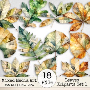 Op de afbeelding: Een verzameling van 18 mixed media art blad cliparts in verschillende vormen en kleuren, waaronder groen, geel en bruin. De bladeren hebben een collage-achtig uiterlijk met papiertexturen. De tekst "Leaves Cliparts Set 1" is inbegrepen.