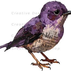 May include: A stylized illustration of a small bird featuring thick, textured purple paint strokes on the head and wings, with a chest area composed of layered vintage-style text in black and beige. The bird has a sharp beak and brown legs.