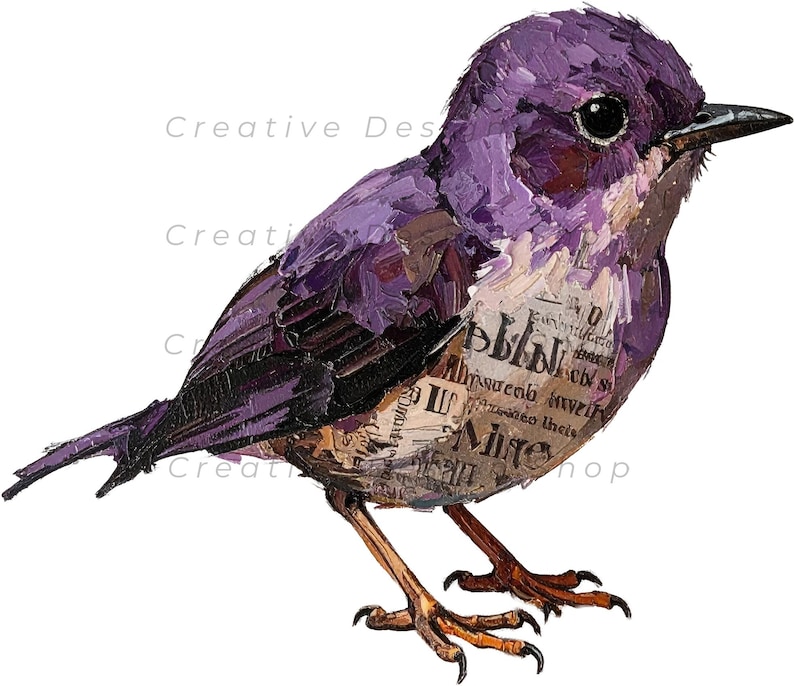 May include: A stylized illustration of a small bird featuring thick, textured purple paint strokes on the head and wings, with a chest area composed of layered vintage-style text in black and beige. The bird has a sharp beak and brown legs.