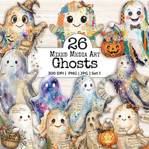 May include: A digital collection of 26 mixed media art ghosts featuring various patterns, textures, and Halloween-themed elements like pumpkins, baskets, and text. The ghosts are rendered in watercolor and collage styles with diverse colors.
