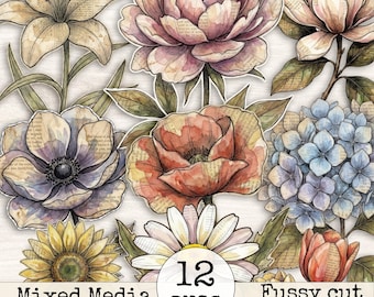 Mixed Media Junk Journal Fussy Cut Flowers Clipart – Distressed Watercolor Vintage Collage Floral Printable Scrapbook Supplies | Set 1