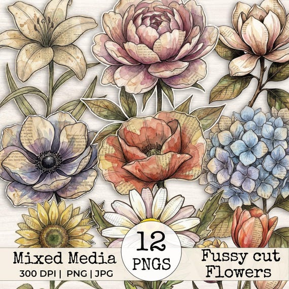 Mixed Media Junk Journal Fussy Cut Flowers Clipart – Distressed Watercolor Vintage Collage Floral Printable Scrapbook Supplies | Set 1