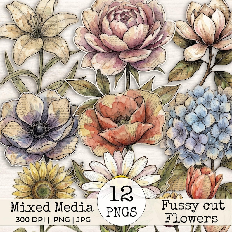 Mixed Media Junk Journal Clipart kieskeurig snijbloemen – noodlijdende aquarel vintage collage bloemen afdrukbare plakboekbenodigdheden | Set 1: afbeelding 1